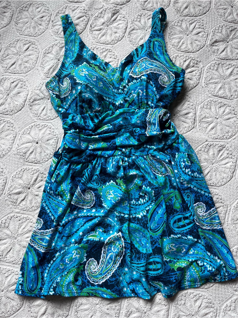 d&co swim dress blue paisley 16 large xl modest summer skirt green white tummy